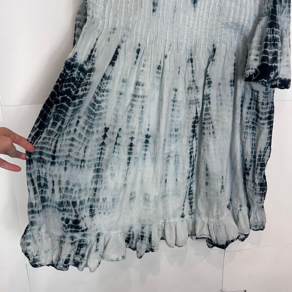 Soft Surroundings Marbella Dress XL Blue Navy Pintuck Ruffle Cotton Tie Dye boho - Picture 6 of 12